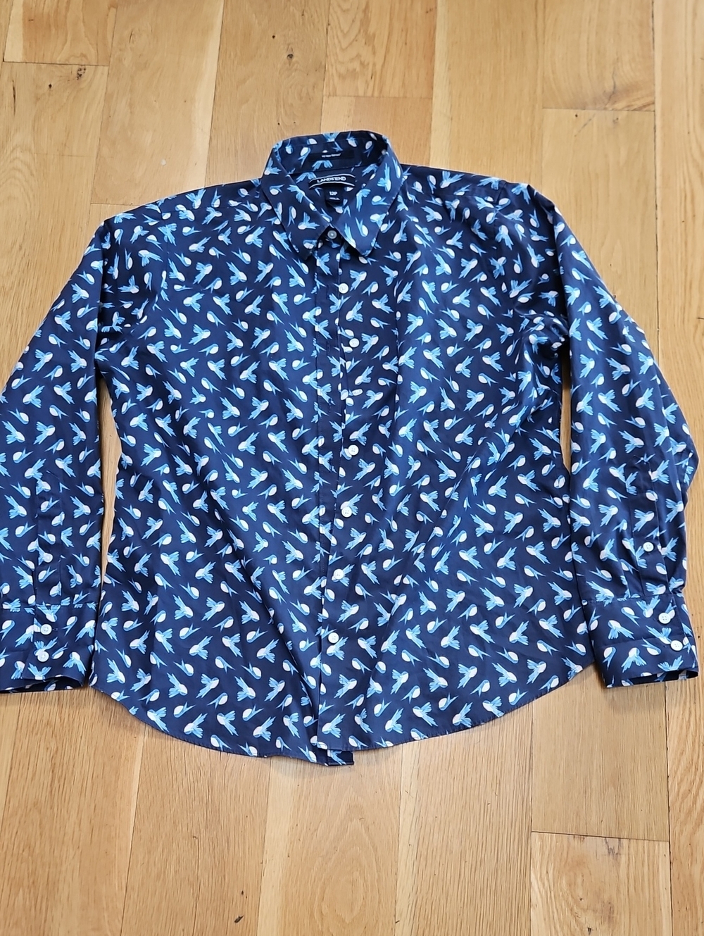 Lands' End Navy Button-Down Shirt with Light Blue Bird Print